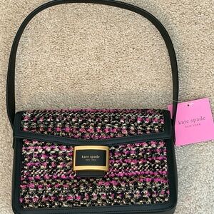 Kate Spade Black and Pink Tweed Shoulder Bag with Gold Accents